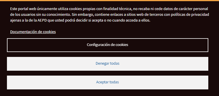 Banner de cookies de la AEPD. Muestra el texto informativo de cookies y los botones de configuración, de denegar y aceptar cookies.