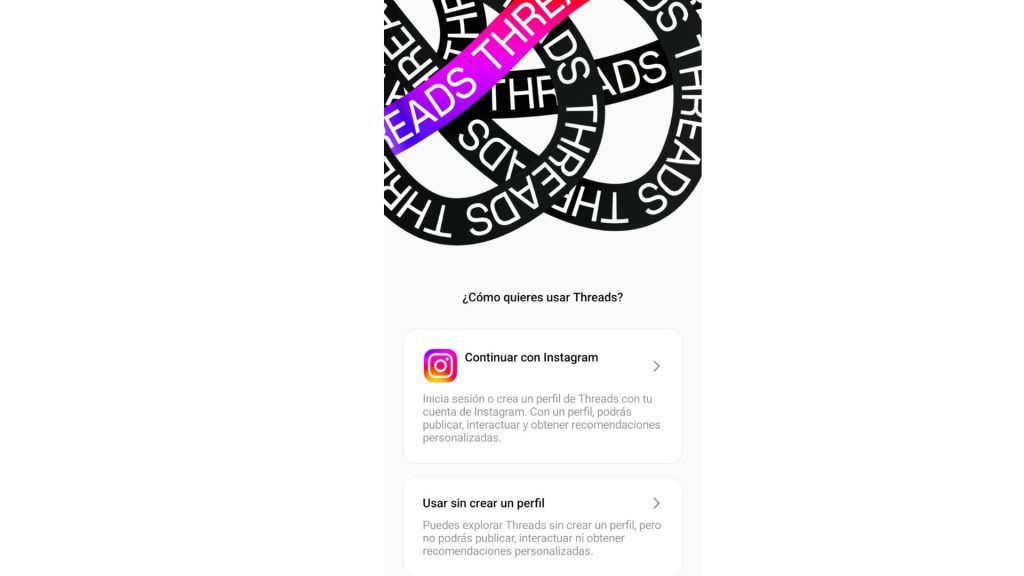 Página de acceso a Threads. ¿Cómo quieres usar Threads? Continuar con Instagram o Usar sin crear un perfil.