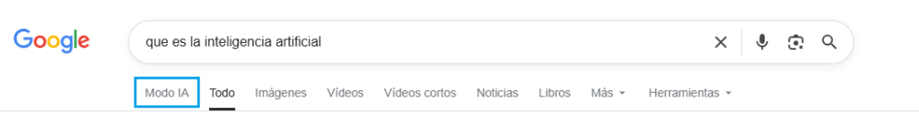 Captura de cómo sale el Modo IA en un nuevo apartado del buscador Google