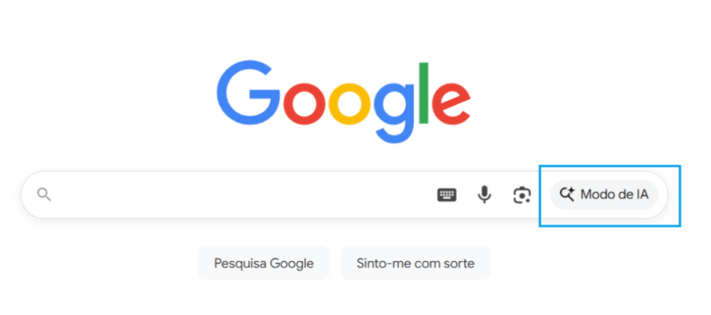 Captura de como aparece a opção do Modo IA no motor de busca da Google.