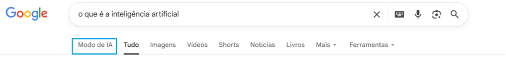 Captura de como o Modo IA aparece numa nova secção do motor de busca da Google.