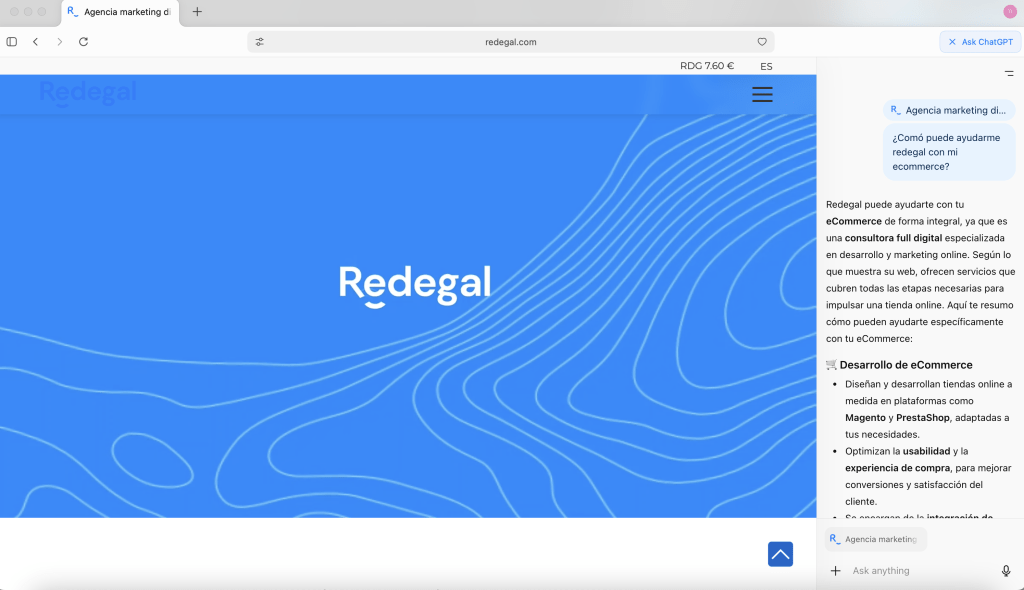 Captura de pantalla de Chat GPT Atlas desde la barra lateral como opción para activarlo.