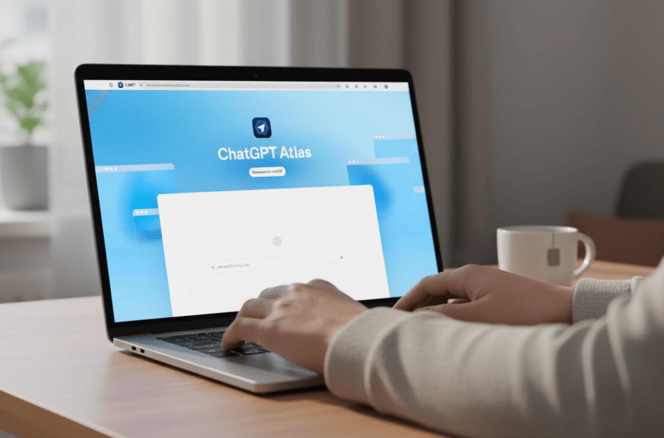 Persona usando en el ordenador Chat GPT Atlas, navegador de Open AI.