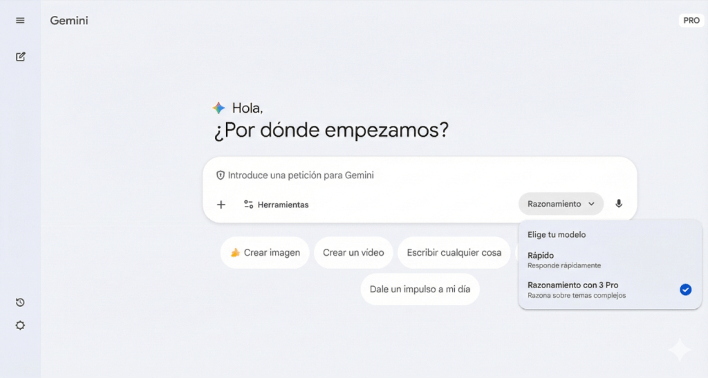 Captura de pantalla de resultado al entrar en Gemini 3