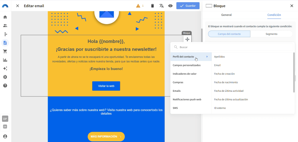 Ejemplo de herramienta Connectif para la creación de plantillas de email de bloques condicionales de Redegal