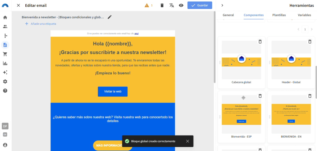 Ejemplo de herramienta Connectif para la creación de plantillas de email de bloques globales de Redegal