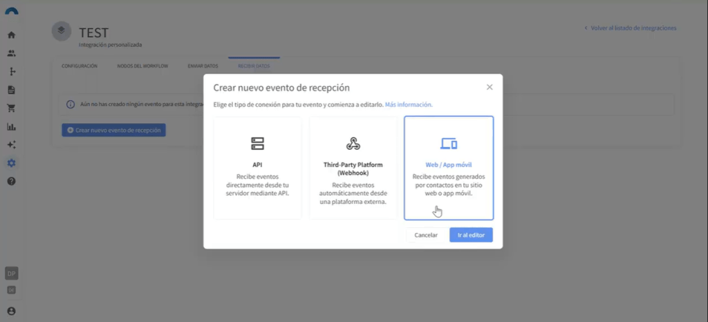 Interfaz de Connectif durante la configuración de un nuevo evento de recepción de datos desde canales externos
