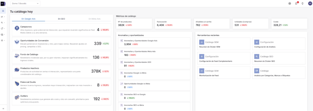 Pantalla principal del SaaS de analítica de catálogo Boostic.cloud con información de productos