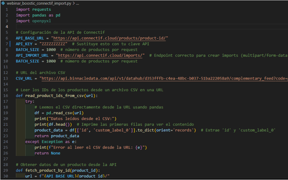 Ejemplo de código en Python para recuperar los datos obligatorios de producto desde la API de Connectif