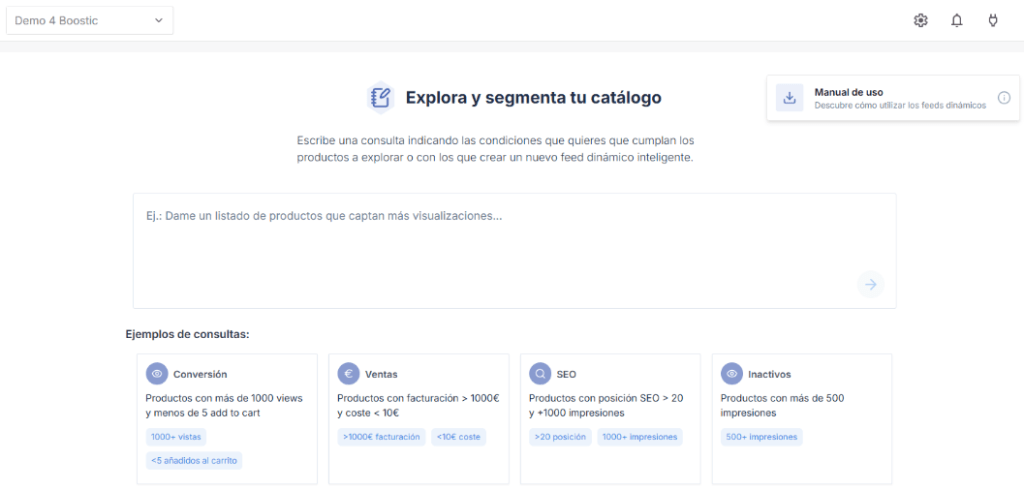 Pantalla de generación de consultas en lenguaje natural para crear Feeds Dinámicos en Boostic.cloud
