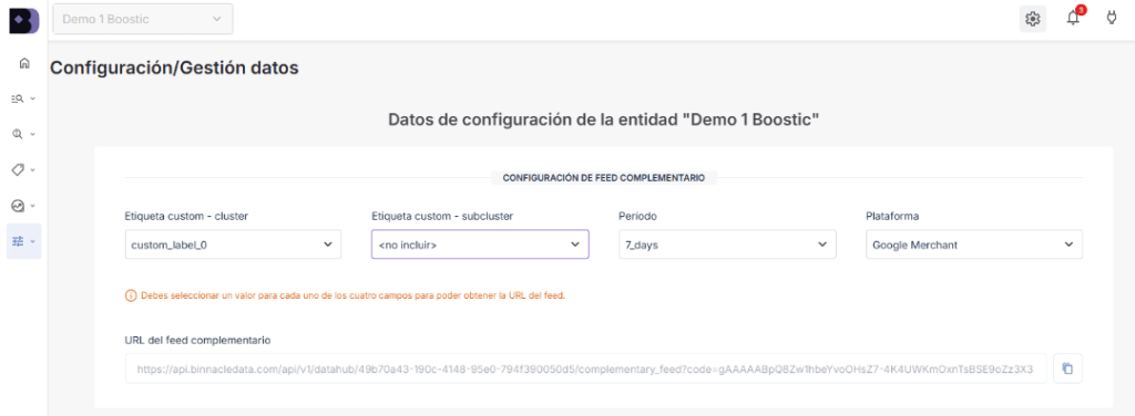 Pantalla de Boostic.cloud para exportar la consulta del Feed Dinámico a Connectif