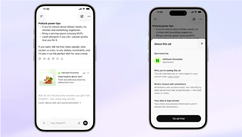 Ejemplo de anuncio patrocinado en ChatGPT Ads bajo una respuesta del chat y panel de información sobre el anuncio
