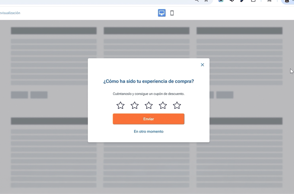 Ejemplo de popup automatizado en Connectif con sistema de valoración de estrellas para recoger feedback de clientes tras una compra.